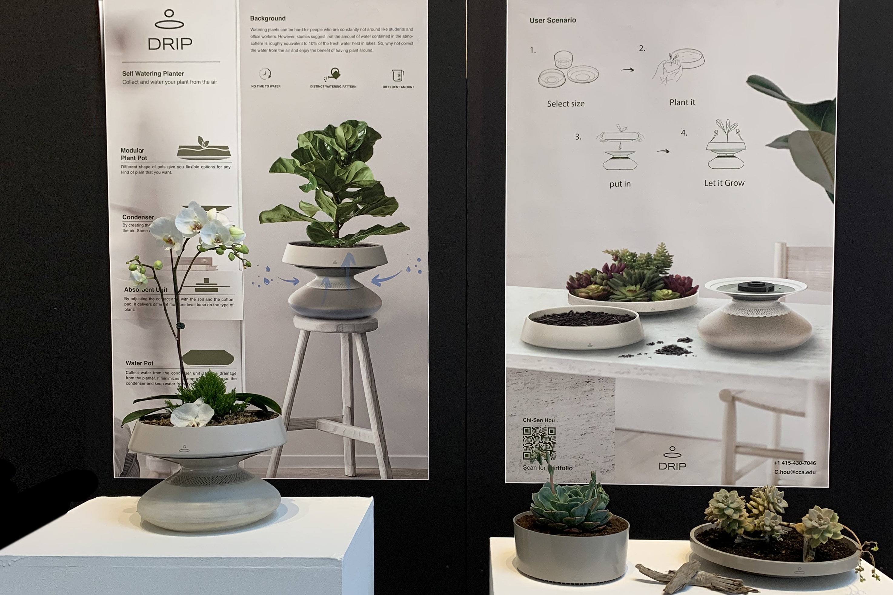 Chi-Sen Hou presents DRIP, a self-watering modular planter that collects atmospheric moisture and delivers it to plants, shown at the BFA Industrial Design Senior Show.