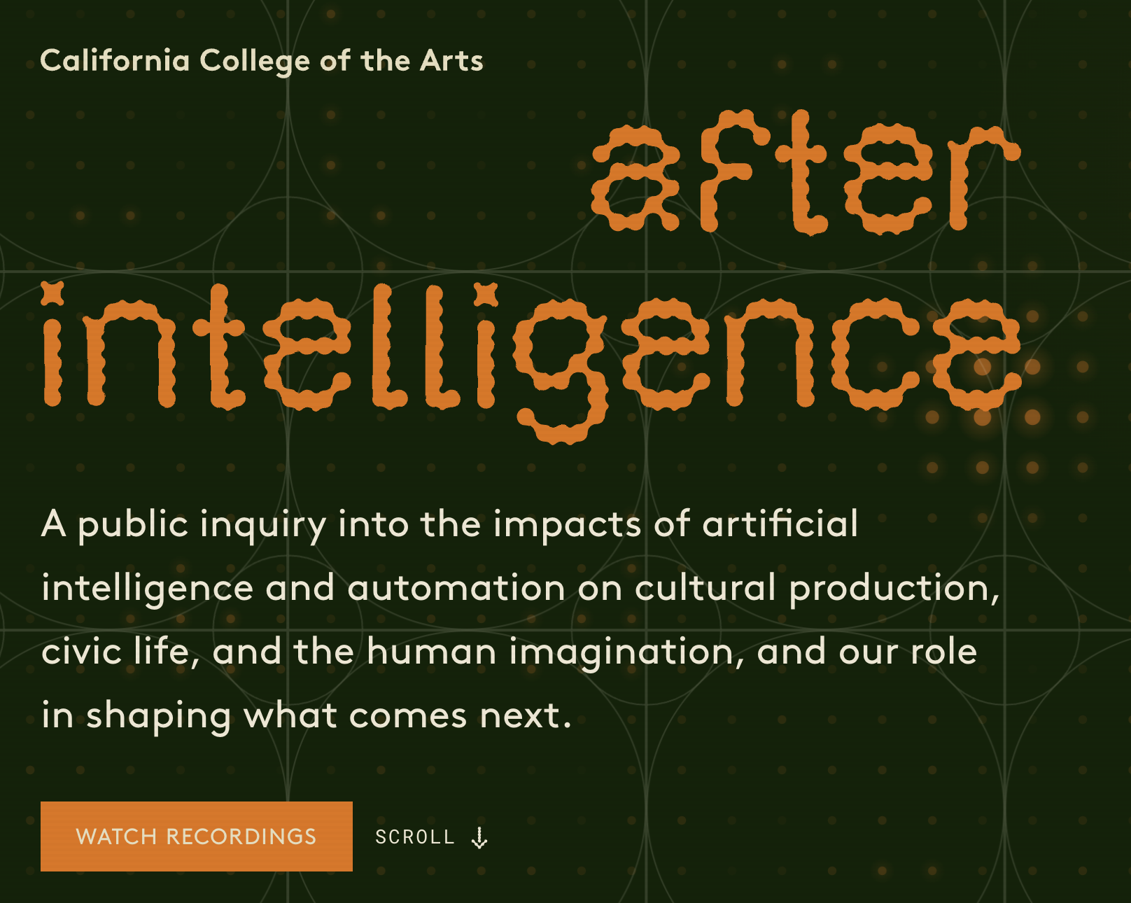 On a spotted green background with vaguely fractal-like circles some large, wavy orange text reads "After Intelligence".