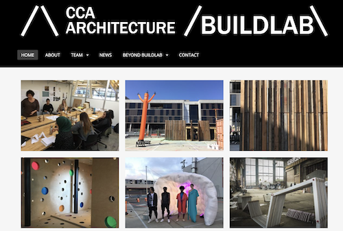 White text on a black background reads '/\ CCA ARCHITECTURE /BUILDLAB\ above a gallery of six images of projects.
