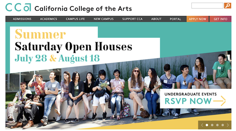 CCA logo about a website main menu and hero image. The image shows a line of cheerful students sitting on a low wall.