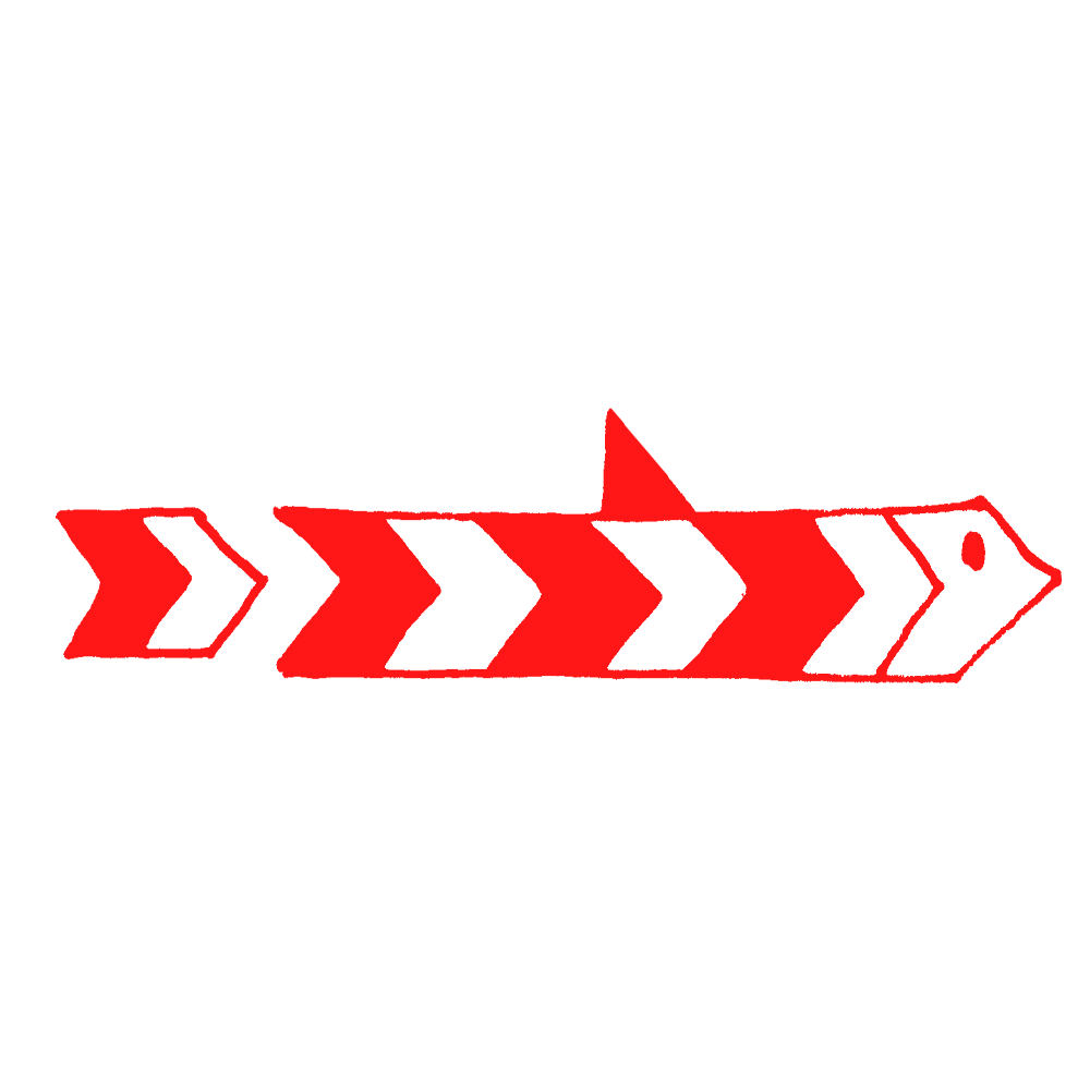 Red and white striped fish figure, cartoonish in appearance