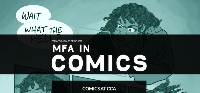 The text 'MFA in Comics' sits atop a bluish comic showing a dark-skinned woman with wavy hair. A speech bubble emits from her saying 'Wait what the...'