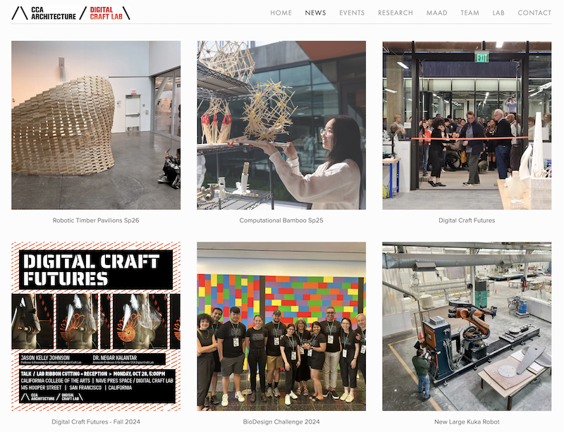CCA Digital Craft Lab header sits above several square images of news items showing a timber pavilion, smiling student, and group of CCA community members on the new SF campus.