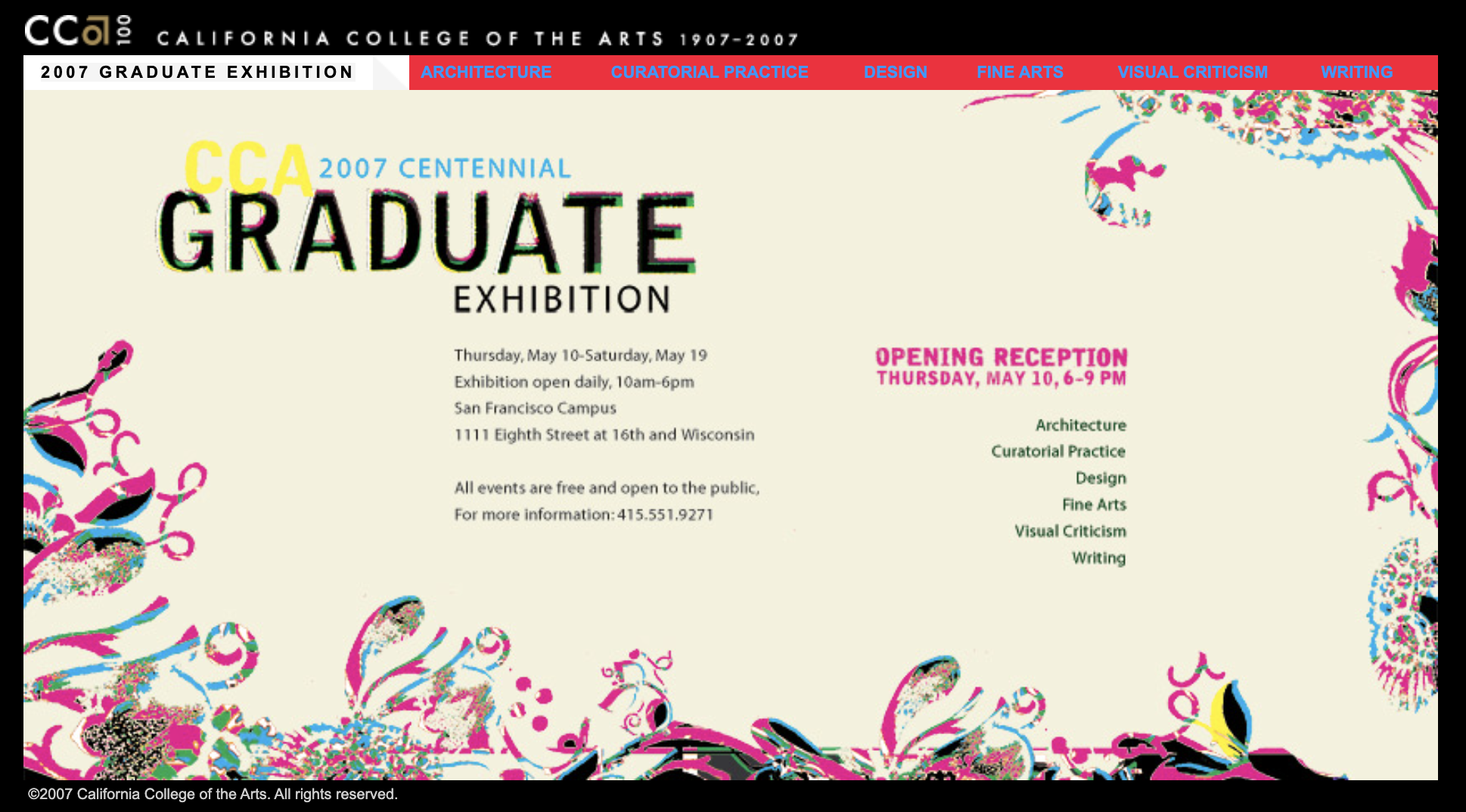 Beige background with pink floral patterns around its fringe. Text reads 'CCA 2007 Centennial Graduate Exhibition'