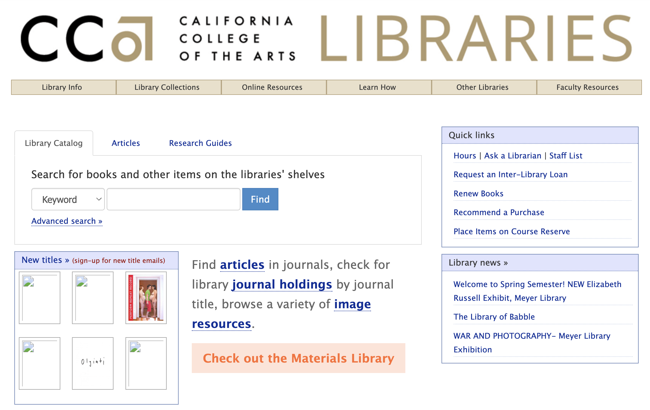 Website with a tan CCA Libraries logo above a tan main menu. There is a multitab search box, a search of quick links, and a section of new book titles.