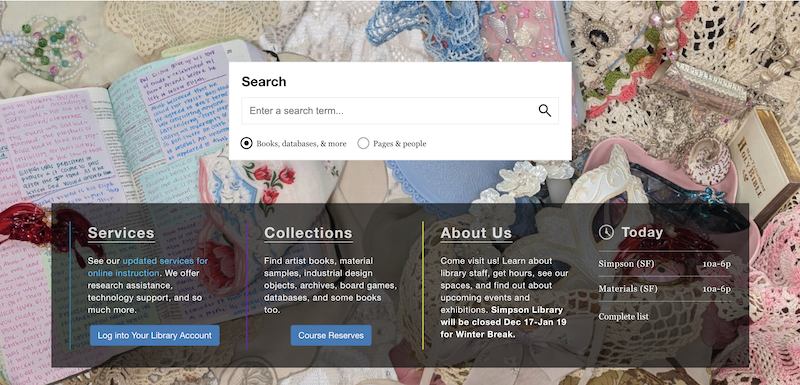 A large search box placed on top of a colorful student artwork featuring lacy textiles and a book open to a page with pink, blue, and purple handwriting.
