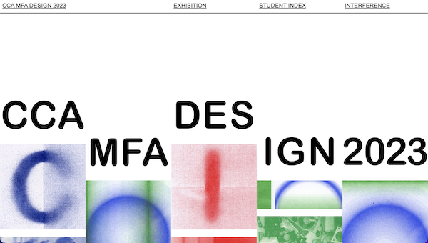 Text 'CCA MFA DESIGN 2023' is segmented to sit atop colorful blurry blocks with blue arcs, green lines, and a red line