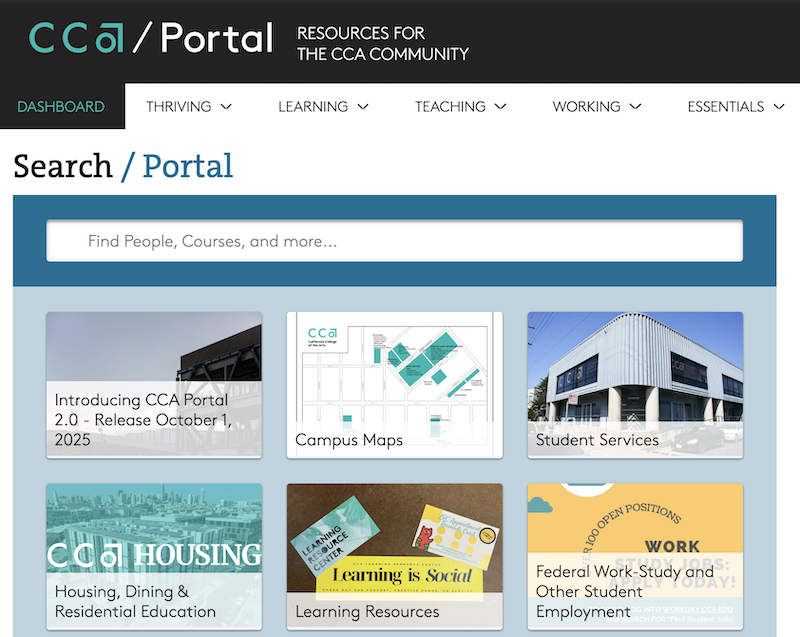 Portal home page with its main menu and six highlighted pieces of content, including the annoucement of Portal 2.0 and Campus Maps.