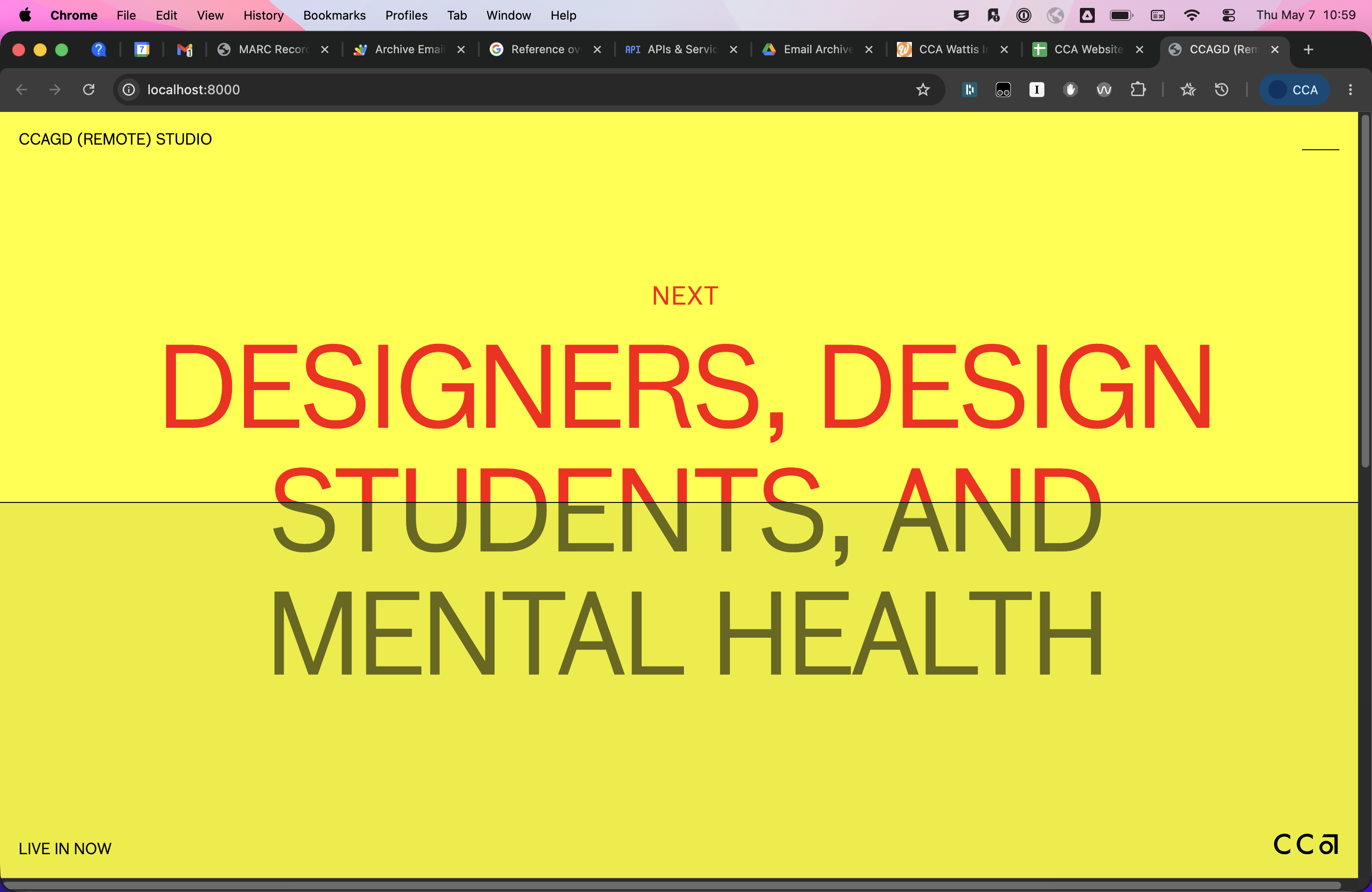 Text on a yellow background is cut through by a horizontal line. Above the line, font is red, below it is dark yellow. Text reads 'NEXT DESIGNERS, DESIGN, STUDENTS, and MENTAL HEALTH'.