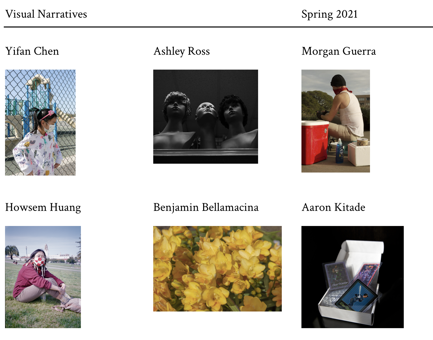 Visual Narratives home page shows Spring 2021 date and a grid of six photographs from students in the course
