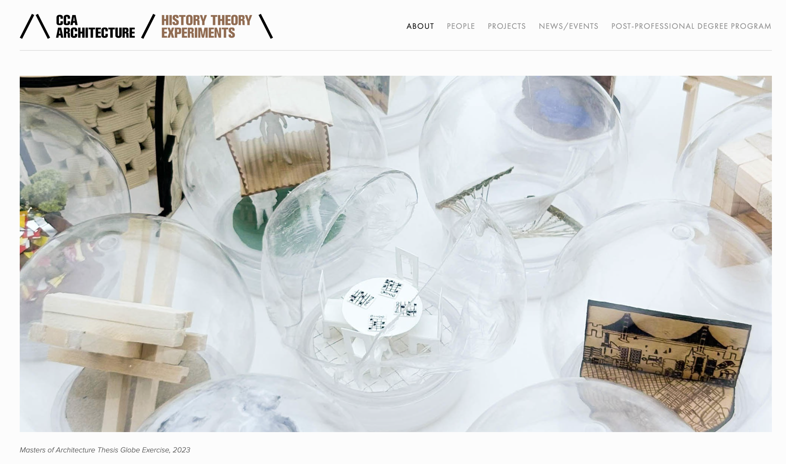 CCA Architecture History Theory Experiments logo sits above an image of plastic spheres containing various miniature objects such as a cardboard house with a person figurine, a hammock, four chairs around a table with bingo cards.