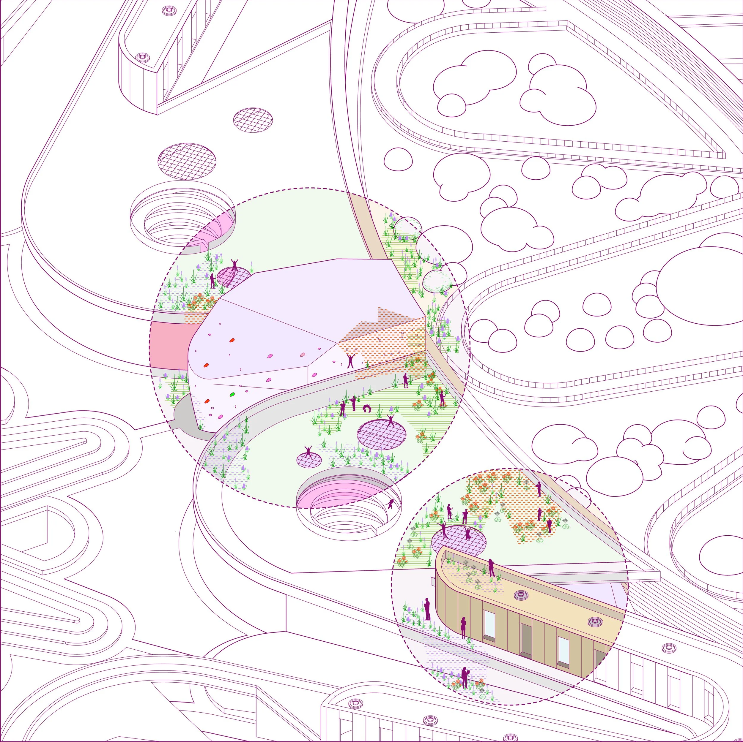  Close-up view of one of the circle modules highlighting the positive effects Alice would have on the infrastructure. 