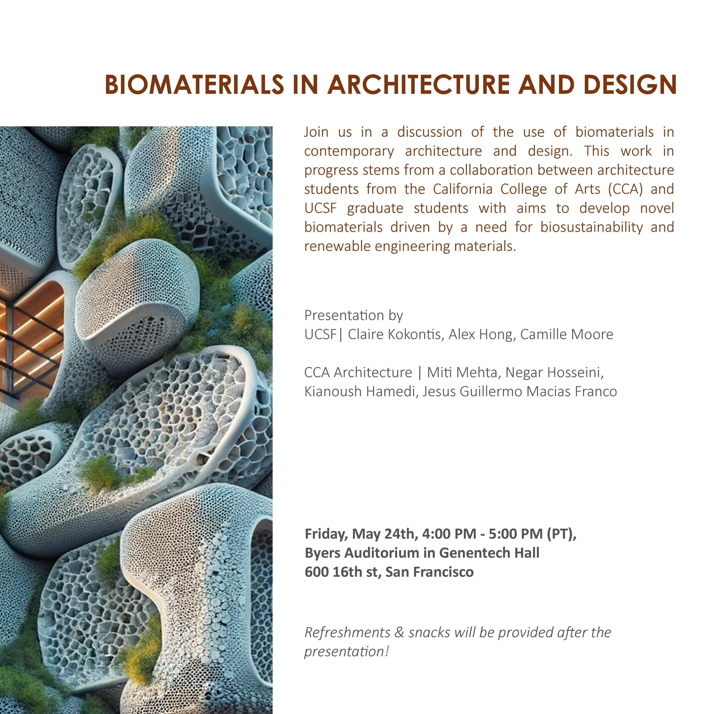 Please join us Friday May 24th at 4:00pm at 600 16th St. In San Francisco, in Beyers Auditorium in Genentech Hall, for the presentation of a collaborative project by CCA&rsquo;s Architectural Division and UCSF&rsquo;s microbiology department looking 